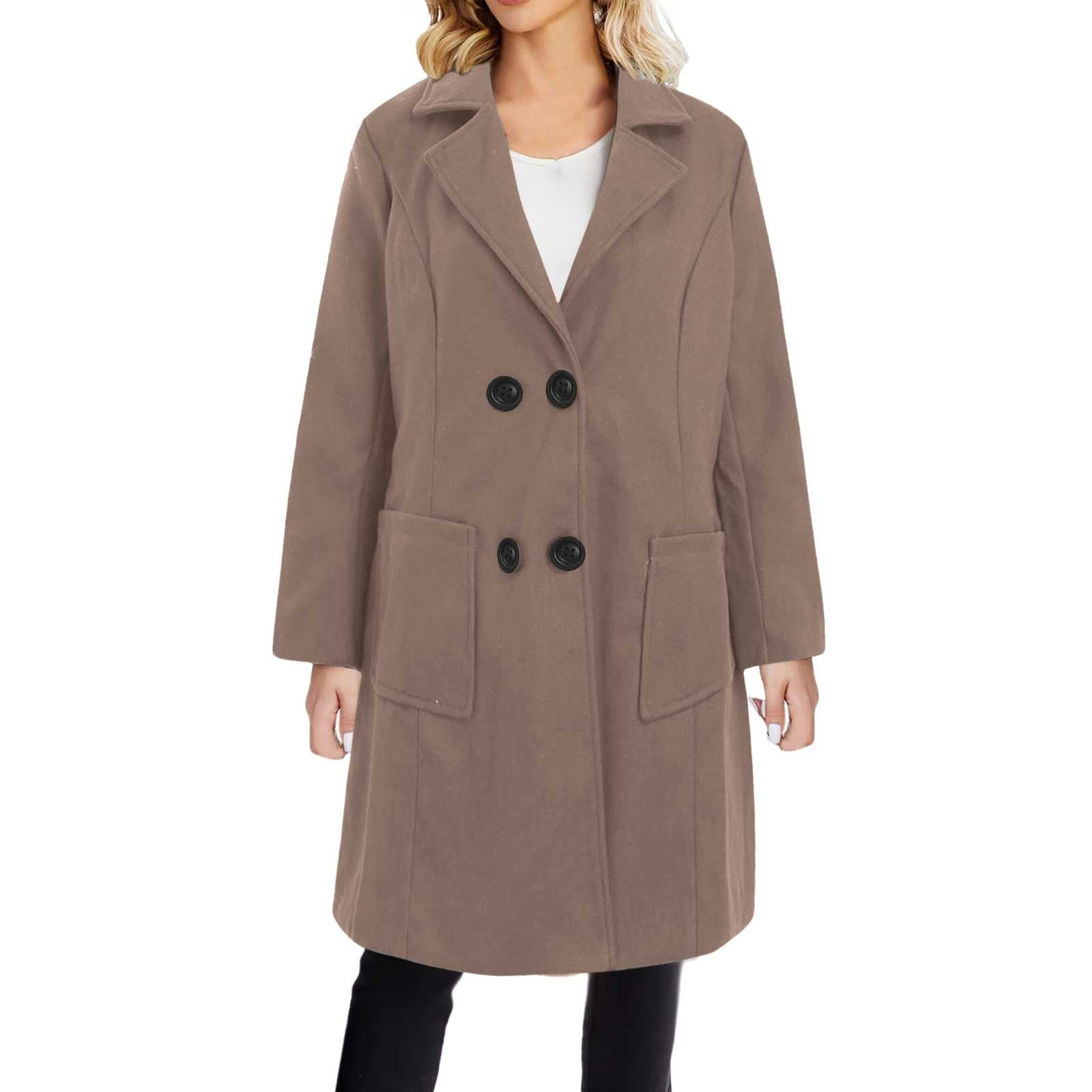 Womens Coats Winter Wool Blend Mid Length Coat Notched Double Lapel