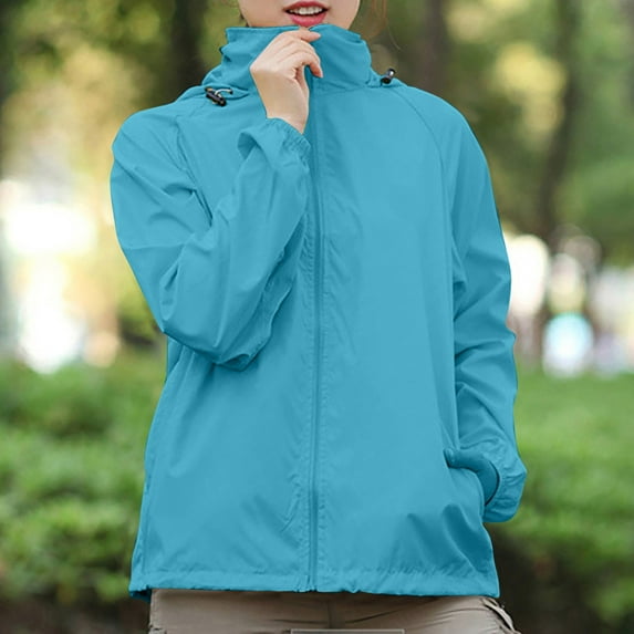 Womens Coats Women's Solid Colored Hooded Long Sleeved Jacket, Windbreaker, Sun Jacket, Outdoor Sports Jacket Rain Jacket Women Kagetolytai Sky Blue S