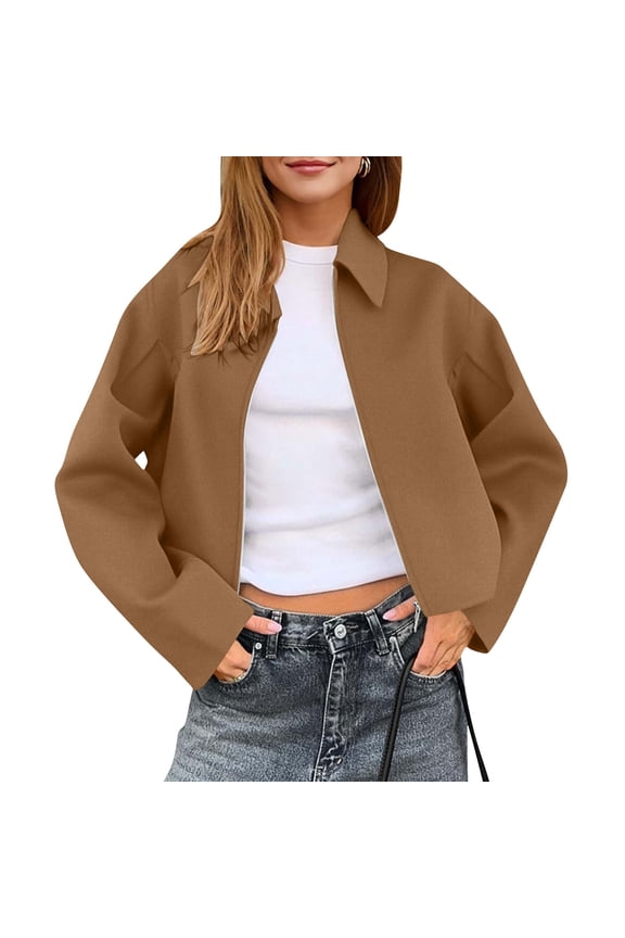 Womens Coats Zip Up Cropped Pea Coats Casual Jackets Barn Fall Outerwear with Pockets,Coats for Women Brown L