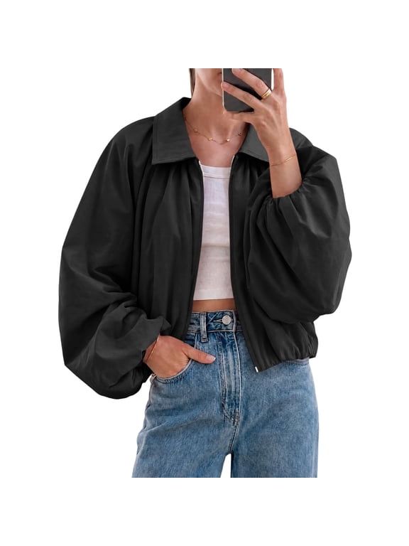 Womens Coats Zip Up Lapel Cropped Soft Coats Puff Long Sleeve Pleated Cute Fall Work 2026 Bomber Jackets Black S