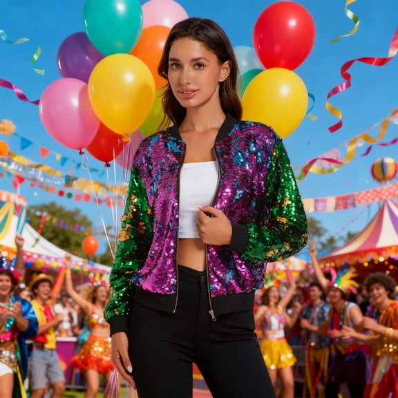 Womens Coats Zipper Long Sleeved Jacket Loose Carnival Party Sequin Pocket Jacket,Coats for Women Purple L