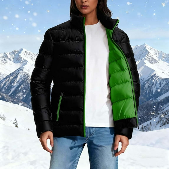 Womens Coats Zipper Stand Up Collar Long Sleeved Solid Color Double Pocket Casual Parkas,Coats for Women Green M