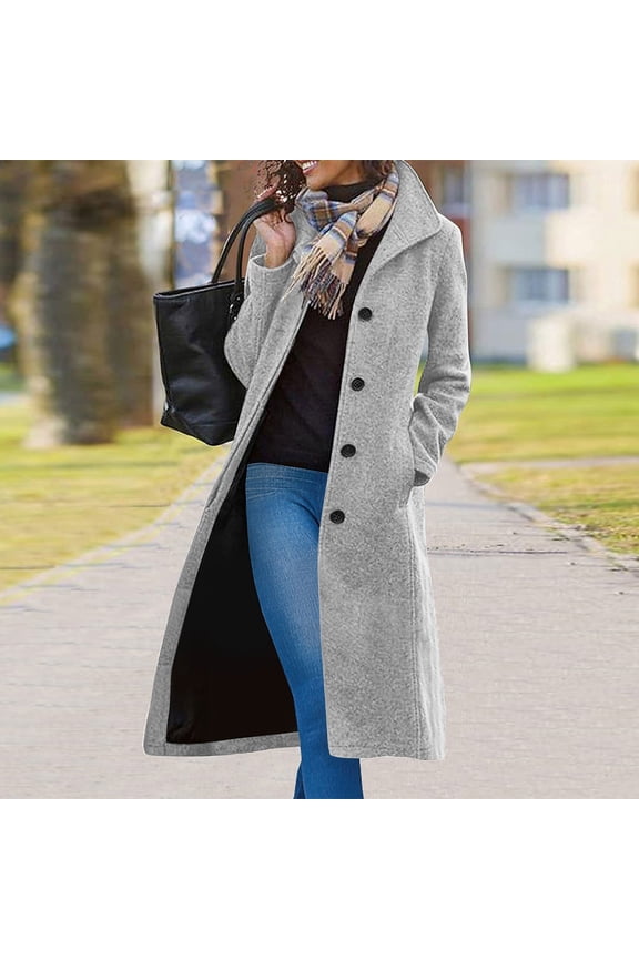 Womens Coats and Jackets Plus Size, Women's Solid Casual Thicken Wool Stand Collar Inner Lining Pocket Breasted Pea Mao Coat, Outerwear Women, Gray-M