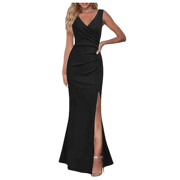 Womens Cocktail Dress Ladies Elegant Sleeveless V Neck Split Evening Gown Long Dress Evening Dresses Black L