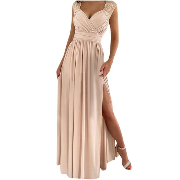 Womens Cocktail Dresses Elegant Wrap V Neck Maxi Dress Lace Pachwork Wedding Evening Party Gowns Dress with Split