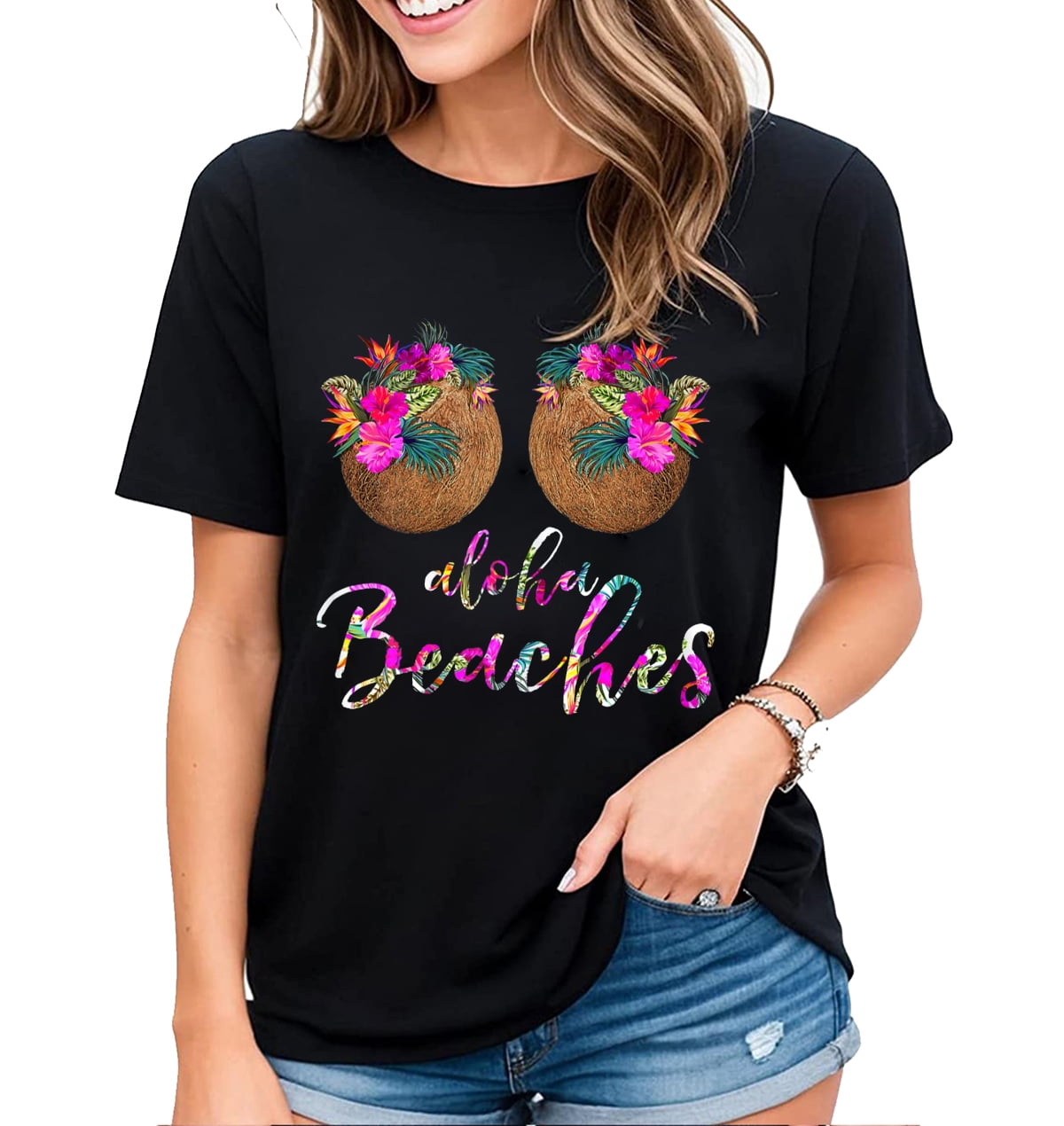 Womens Coconut Bra Graphic Flower Boobs Hawaii Aloha Beaches Funny T-shirt  Black 4X-Large 