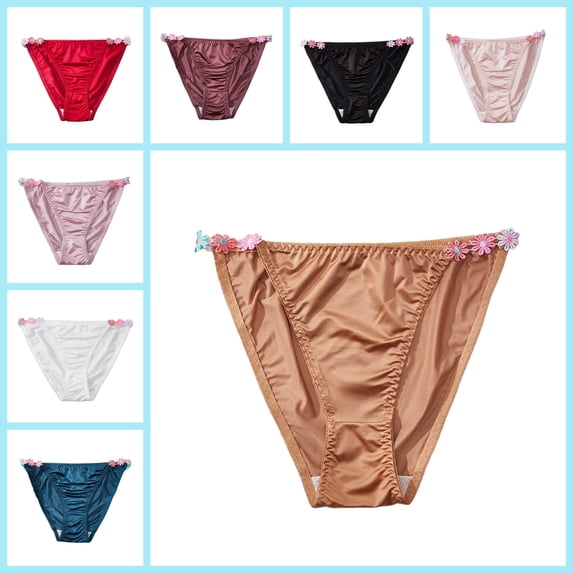 vzibsiv Womens Silky Polyamid High Cut Panties Floral Accent Comfort Triangle Underwear Size S