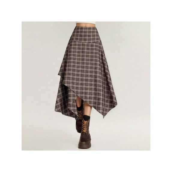 Womens Coffee Brown Asymmetrical Plaid Midi Skirt With Handkerchief Hem