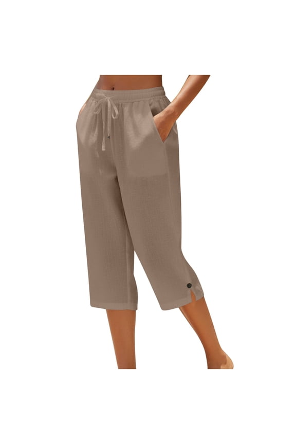 Womens Coffee Brown Cotton Capri Pants, Relaxed Fit 100% Cotton Cropped Lounge Pants with Drawstring Waist & Pockets,Size S