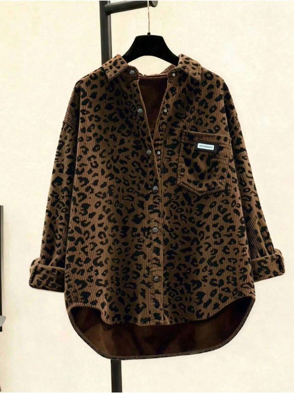Womens Coffee Brown Leopard Print Corduroy Button-Up Long Sleeve Shirt