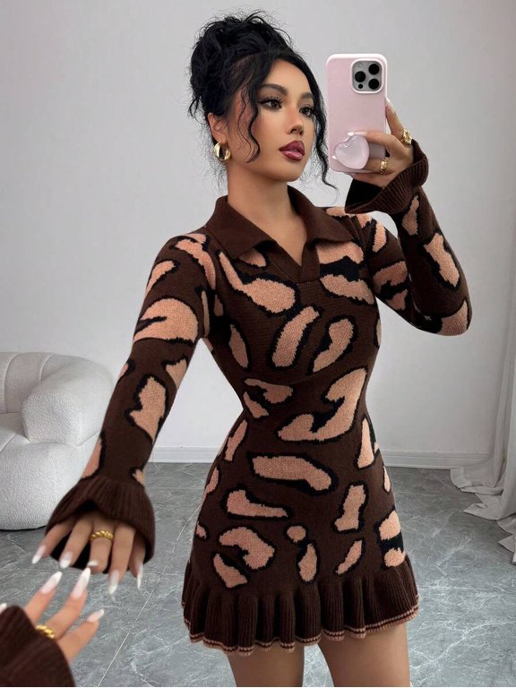 Womens Coffee Brown Leopard Print Knit Sweater Dress With Ruffle Hem