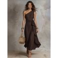 thumbnail image 1 of Womens Coffee Brown One Shoulder Sleeveless Ruffle Maxi Dress, 1 of 3