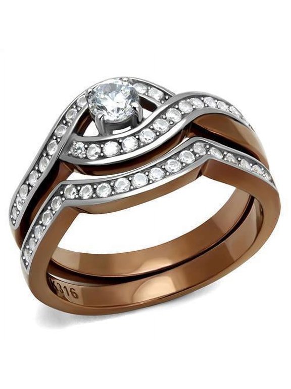 Womens Coffee Brown Ring Anillo Cafe Para Mujer Stainless Steel with AAA Grade CZ in Clear Anagi