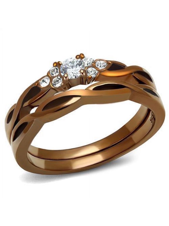 Womens Coffee Brown Ring Anillo Cafe Para Mujer Stainless Steel with AAA Grade CZ in Clear Cori