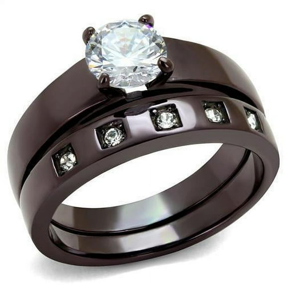 Womens Coffee Brown Ring Anillo Cafe Para Mujer Stainless Steel with AAA Grade CZ in Clear Crotone