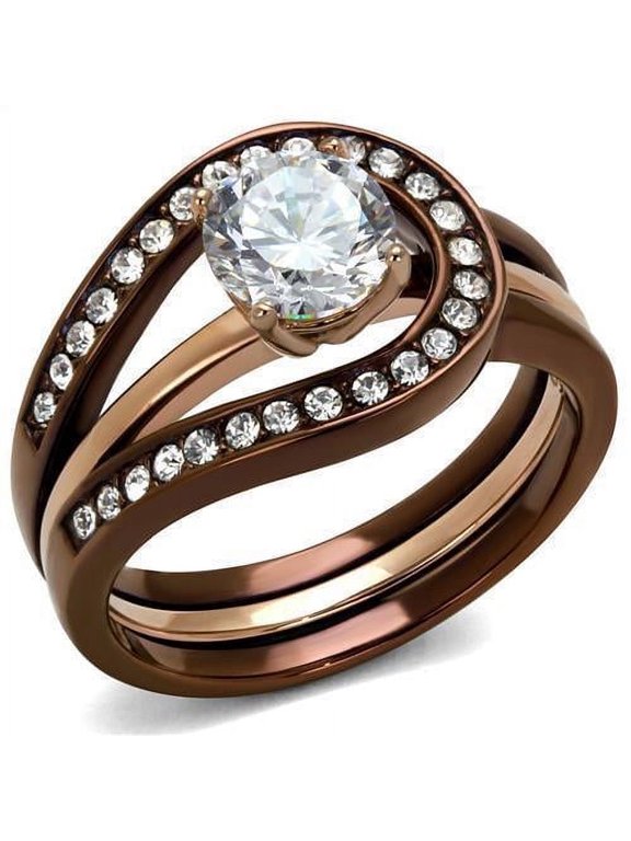 Womens Coffee Brown Ring Anillo Cafe Para Mujer Stainless Steel with AAA Grade CZ in Clear Forza