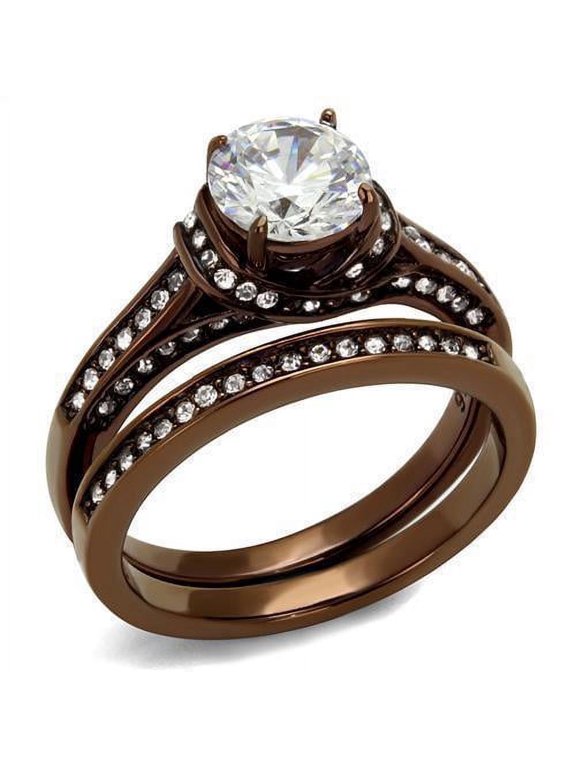 Womens Coffee Brown Ring Anillo Cafe Para Mujer Stainless Steel with AAA Grade CZ in Clear Potenza