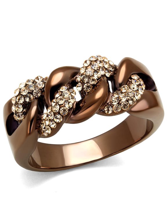 Womens Coffee Brown Ring Anillo Cafe Para Mujer 316L Stainless Steel with Top Grade Crystal in Light Peach