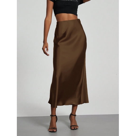 Womens Coffee Brown Satin Finish Maxi Skirt - Elegant Flowy Midi Length