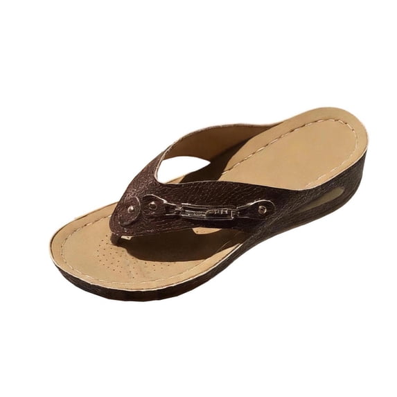 Womens Coffee Thong Sandals Low Wedge Heel - Comfortable Walking Sandals with Arch Support & Rhinestone for Beach, Casual, Vacation,Size 7.5