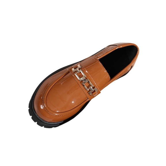 Womens Cognac Brown Patent Faux Leather Platform Loafers with Gold Chain, Lug Sole Slip On Dress Shoes,Size 9.5