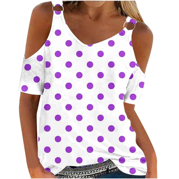 Womens Cold Shoulder Blouses Sexy Short Sleeve Round Neck Loose Fit Going Out Tops Casual Polka Dot Pullover Ladies Loose Summer T Shirts