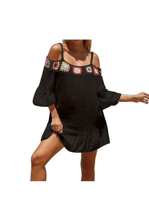 Womens Cold Shoulder Half Ruffle Sleeve Beach Dress Hem Hollow-out Breathable Cover Up Black,One Size