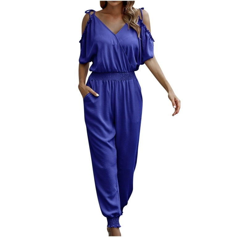Womens Cold Shoulder Jumpsuits Strappy Elastic Waist Overalls Wrap