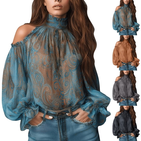Womens Cold Shoulder Long Sleeve Shirts Helii Boho Halter Neck Print Flowy Chiffon Blouse Travel Vacation Top Elegant 2026 Trendy Dressy Casual Fall Outfit | Blue,L