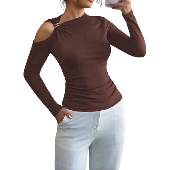 Womens Cold Shoulder Long Sleeve Top Asymmetrical Loose Casual Shirts Khaki XXL