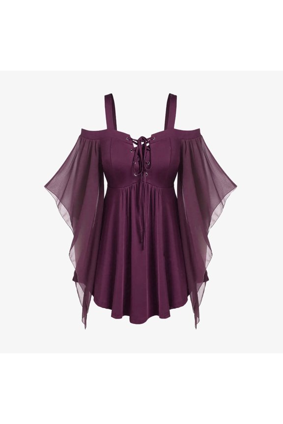 Womens Cold Shoulder Mini Dresses Medieval Spaghetti Strap 3/4 Flare Sleeve Gothic Shirts Tops Wine XXL