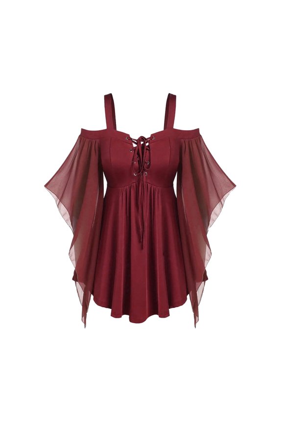 Womens Cold Shoulder Mini Dresses Medieval Spaghetti Strap 3/4 Flare Sleeve Gothic Shirts Tops XXL