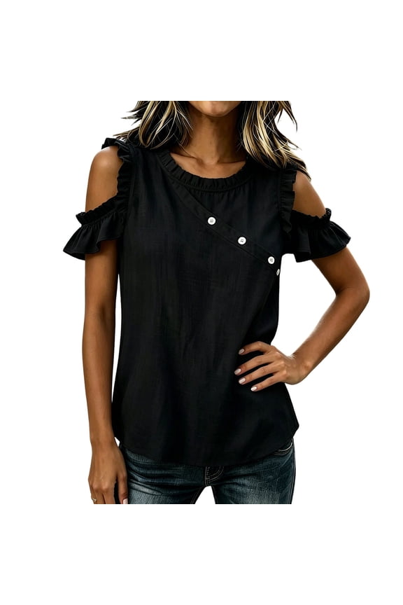 Womens Cold Shoulder Ruffle Blouse - Lightweight Cotton Blend Casual Top with Ruffled Sleeves, Black,Size M