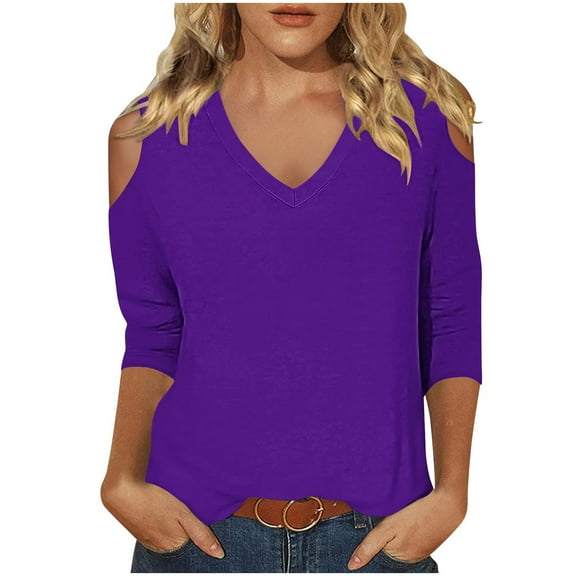 Womens Cold Shoulder Shirt 3/4 Long Sleeve V-Neck Blouse Casual Loose Fit Top Striped Spring Fall Clothes (Purple L)