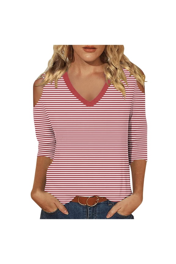 Womens Cold Shoulder Shirt 3/4 Long Sleeve V-Neck Blouse Casual Loose Fit Top Striped Spring Fall Clothes (Red L)
