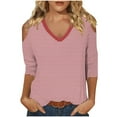 thumbnail image 1 of Womens Cold Shoulder Shirt 3/4 Long Sleeve V-Neck Blouse Casual Loose Fit Top Striped Spring Fall Clothes (Red XL), 1 of 5