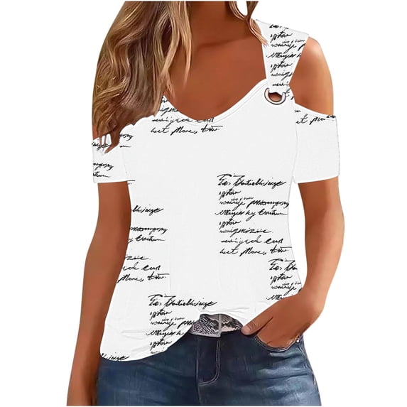 Womens Cold Shoulder Summer Tops Metal O-ring Strappy Floral Print Graphic Tee Shirts Travel Casual T-shirts (XX-Large, White 02)