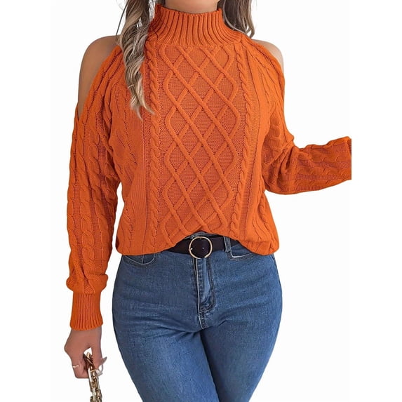 Womens Cold Shoulder Sweaters 2025 Fall Winter Long Sleeve Soft Chunky Cable Knit Pullovers Jumper Tops Orange Color L