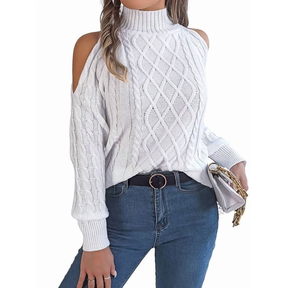 Womens Cold Shoulder Sweaters 2025 Fall Winter Long Sleeve Soft Chunky Cable Knit Pullovers Jumper Tops White L