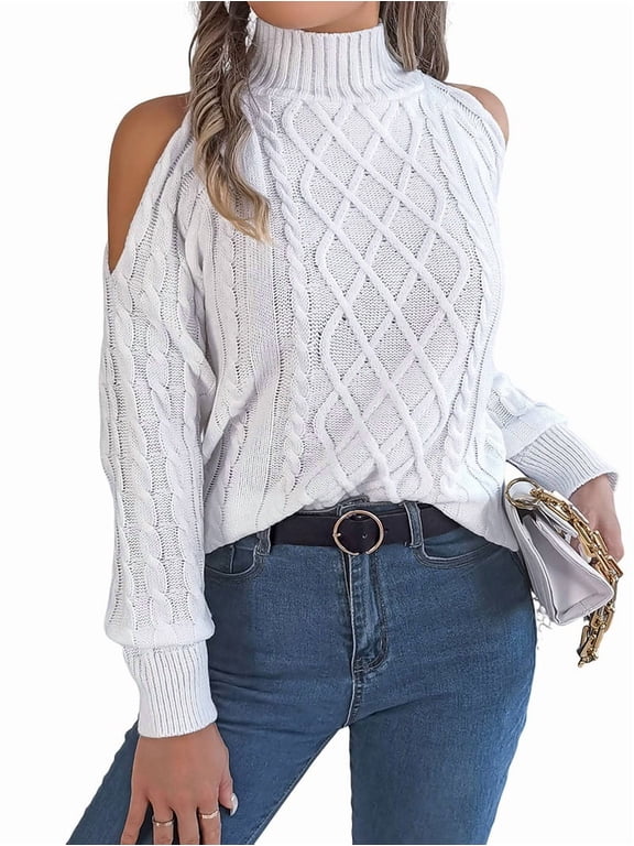 Womens Cold Shoulder Sweaters 2025 Fall Winter Long Sleeve Soft Chunky Cable Knit Pullovers Jumper Tops White L