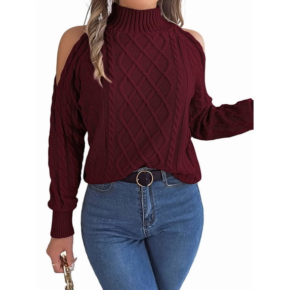 Womens Cold Shoulder Sweaters 2025 Fall Winter Long Sleeve Soft Chunky Cable Knit Pullovers Jumper Tops Wine Red L