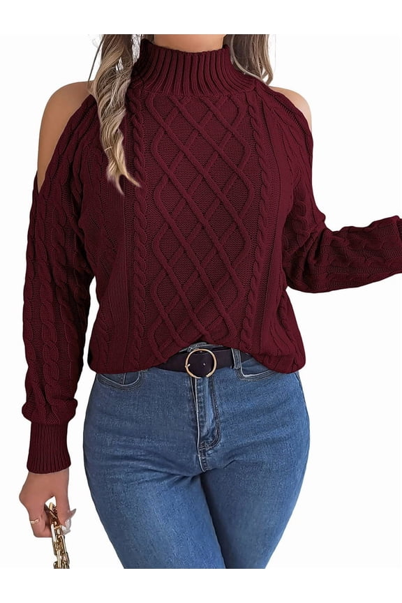 Womens Cold Shoulder Sweaters 2025 Fall Winter Long Sleeve Soft Chunky Cable Knit Pullovers Jumper Tops Wine Red L