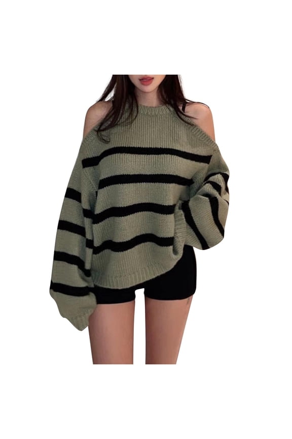 Womens Cold Shoulder Sweaters Fashion Teen Girls Y2k Striped Going Out Pullover Tops Soft Long Sleeve Jumper Tops