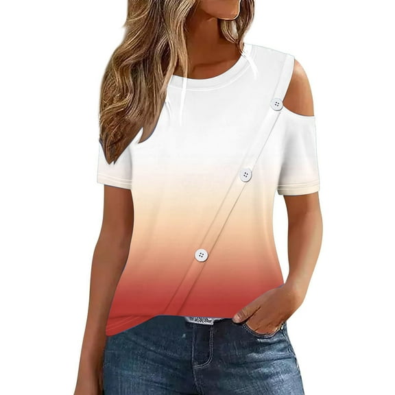 Womens Cold Shoulder Tops 2024 Summer Trendy Gradient Dressy Casual T-Shirts Crewneck Ladies Going Out Tunic Blouses