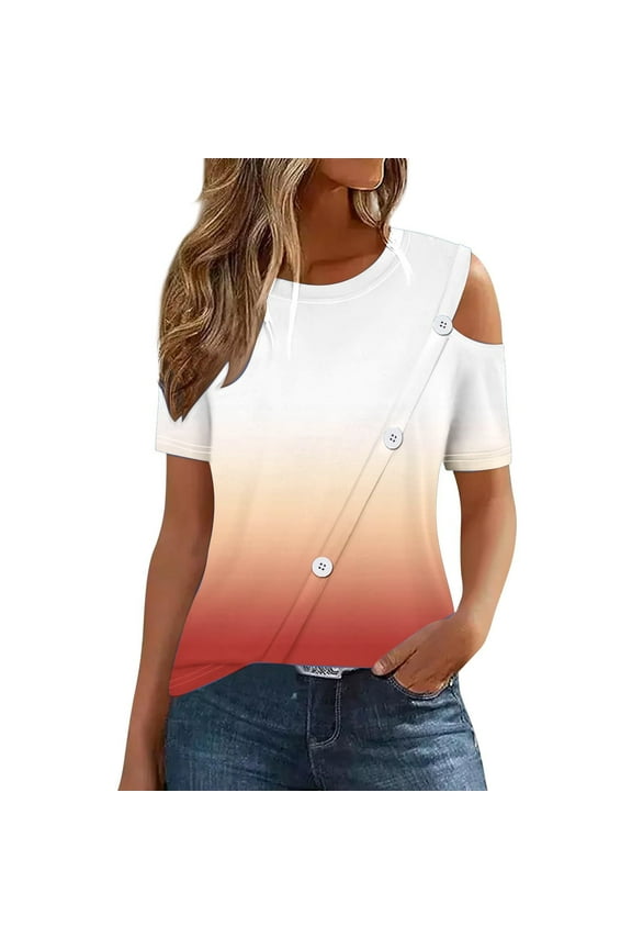 Womens Cold Shoulder Tops 2024 Summer Trendy Gradient Dressy Casual T-Shirts Crewneck Ladies Going Out Tunic Blouses