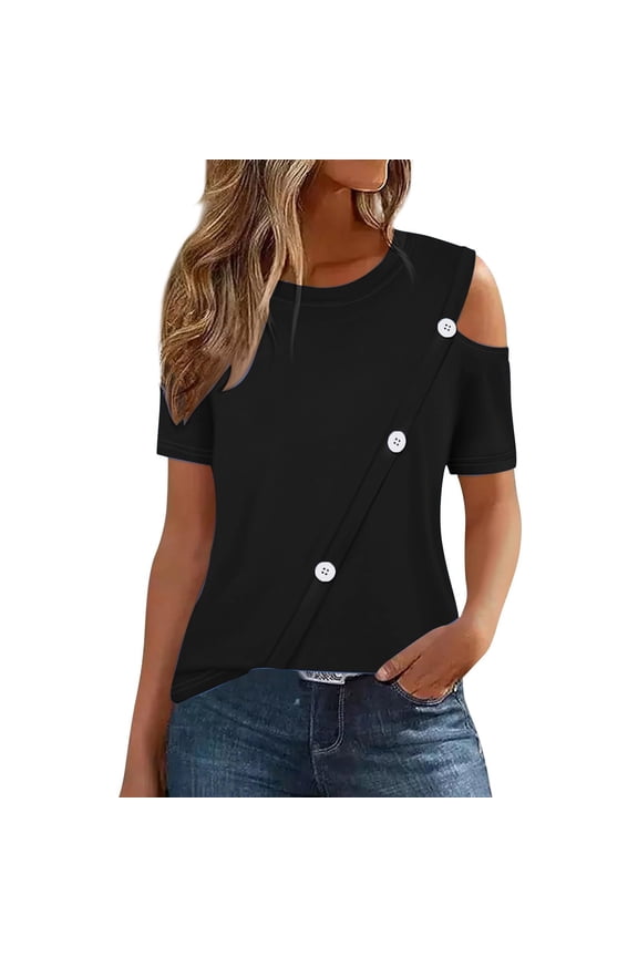 Womens Cold Shoulder Tops 2025 Summer Trendy Gradient/Solid Color Dressy Casual T-Shirts Crewneck Ladies Going Out Tunic Blouses