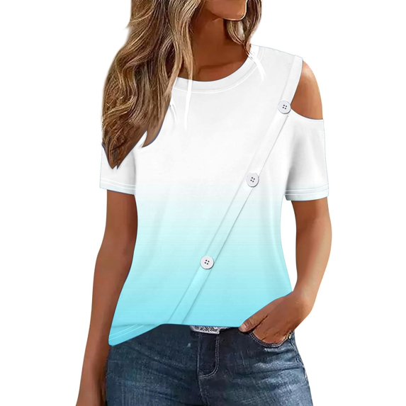 Womens Cold Shoulder Tops 2025 Summer Trendy Gradient/Solid Color Dressy Casual T-Shirts Crewneck Ladies Going Out Tunic Blouses