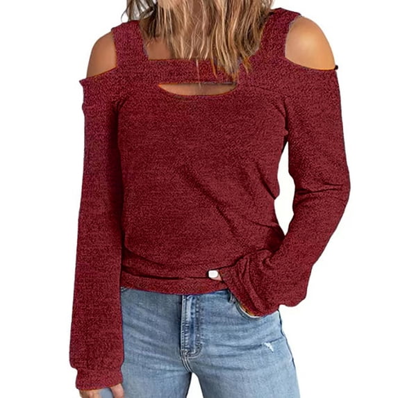 Womens Cold Shoulder Tops Cut Out Neck Long Sleeve Shirts Off Shoulder Knitted Tunic Casual Dressy Sexy Blouse Dressy Lightweight Comfy Outfits Going Out Tops Ladies Fashion Trendy