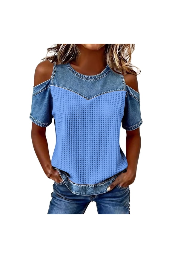 Womens Cold Shoulder Tops Denim Patchwork Waffle Trendy Summer Shirts Colorblock Casual Crewneck Tunic Blouses (L, Sky Blue)
