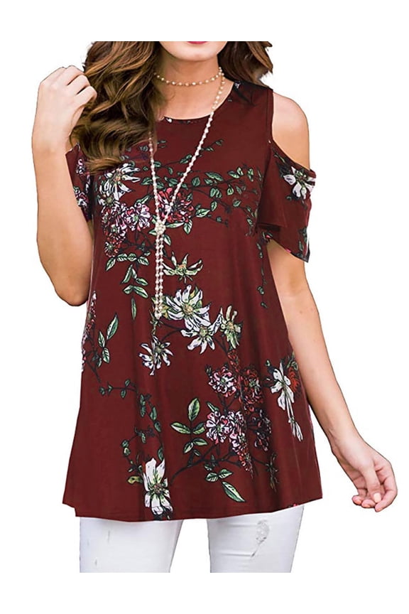 Womens Cold Shoulder Tops Floral Print Casual Summer Tops Short Sleeve Blouse Cogild